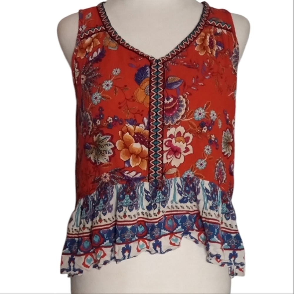 Patrons‎ of Peace Paisley Floral Embroidered Trim Ruffle Hem Blouse Size Medium